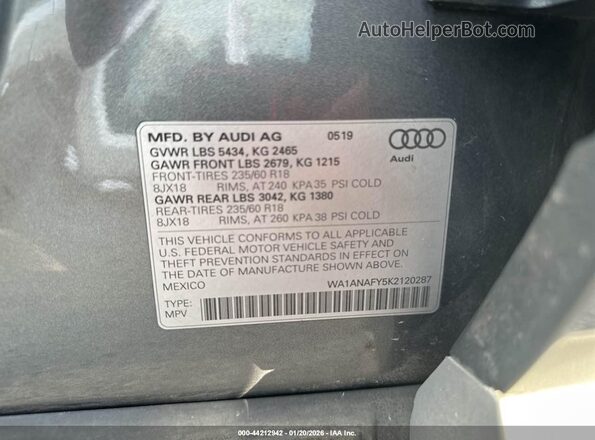 WA1ANAFY5K2120287 2019 AUDI Q5 Gray Вид підкапотного простору