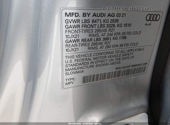 WA1AVAF18MD031209 2021 AUDI Q8 Purple 