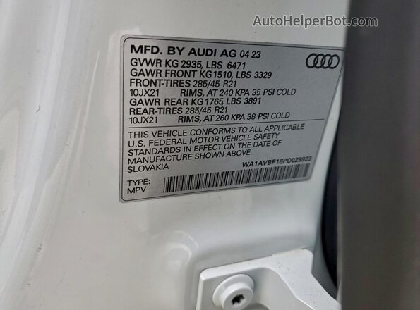 WA1AVBF16PD029923 2023 AUDI Q8 White Вид наклейки з VIN-кодом