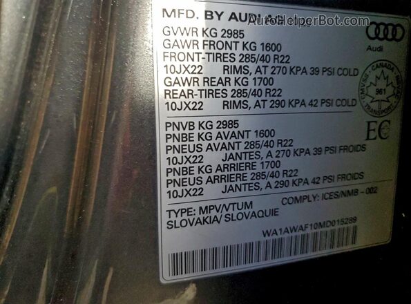 WA1AWAF10MD015289 2021 AUDI SQ8 Серый Вид наклейки с VIN-кодом