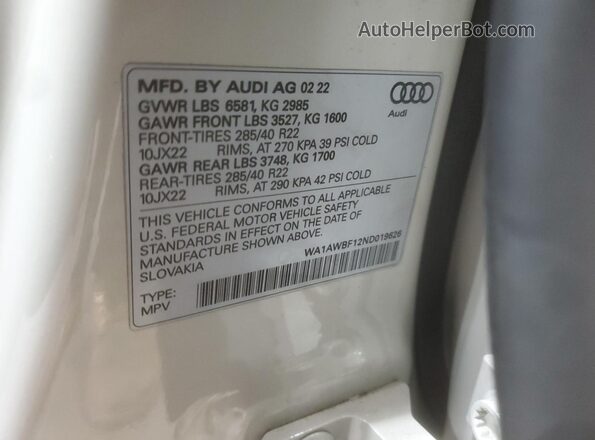 WA1AWBF12ND019626 2022 AUDI SQ8 Cream ძრავის განყოფილების ხედი