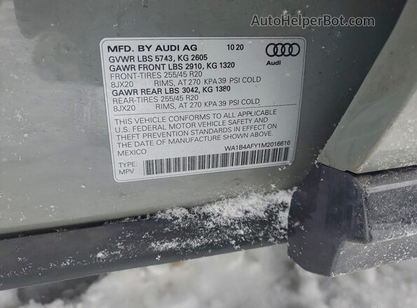 WA1B4AFY1M2016616 2021 AUDI SQ5 Gray Вид наклейки з VIN-кодом