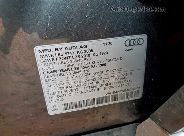 WA1B4AFY3M2025401 2021 AUDI SQ5 Gray VIN კოდის სტიკერის ხედი