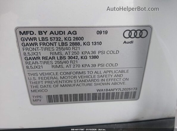 WA1B4AFY7L2025173 2020 AUDI SQ5 White Вид підкапотного простору