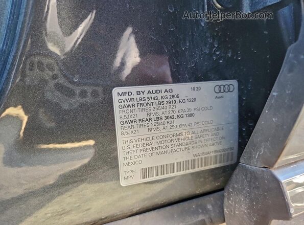 WA1B4AFY8M2024180 2021 AUDI SQ5 Gray Widok naklejki z numerem VIN