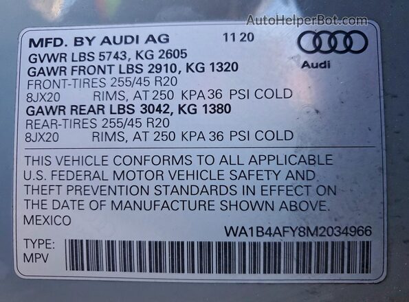 WA1B4AFY8M2034966 2021 AUDI SQ5 Gray 360 interior view