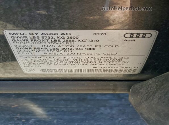 WA1B4AFYXL2081110 2020 AUDI SQ5 Gray VIN sticker view