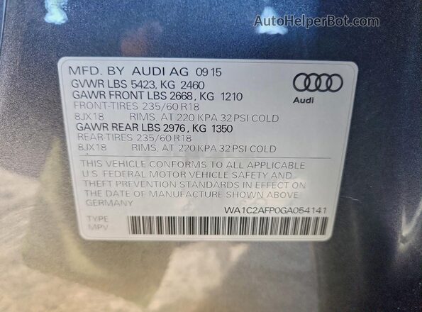 WA1C2AFP0GA054141 2016 AUDI Q5 Gray Vista de la etiqueta del VIN