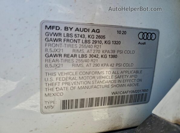 WA1C4AFY0M2017650 2021 AUDI SQ5 White VIN sticker view