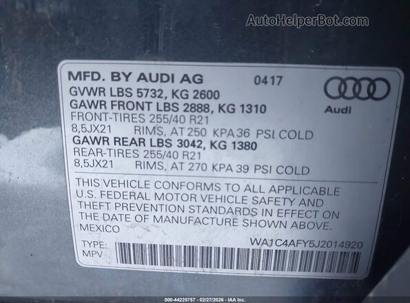 WA1C4AFY5J2014920 2018 AUDI SQ5 Gray 