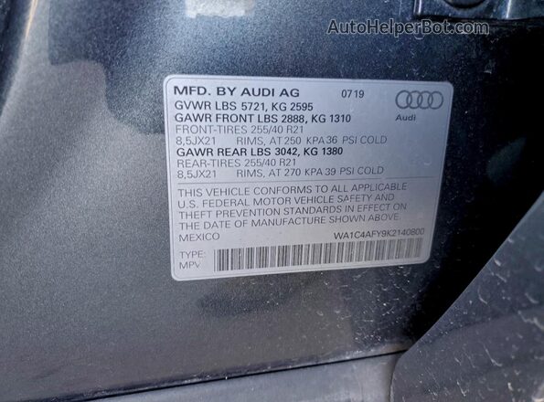 WA1C4AFY9K2140800 2019 AUDI SQ5 Серый Вид наклейки с VIN-кодом