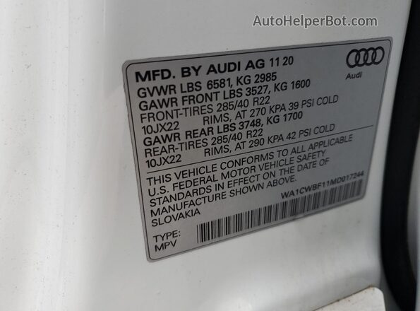 WA1CWBF11MD017244 2021 AUDI SQ8 Белый Вид наклейки с VIN-кодом