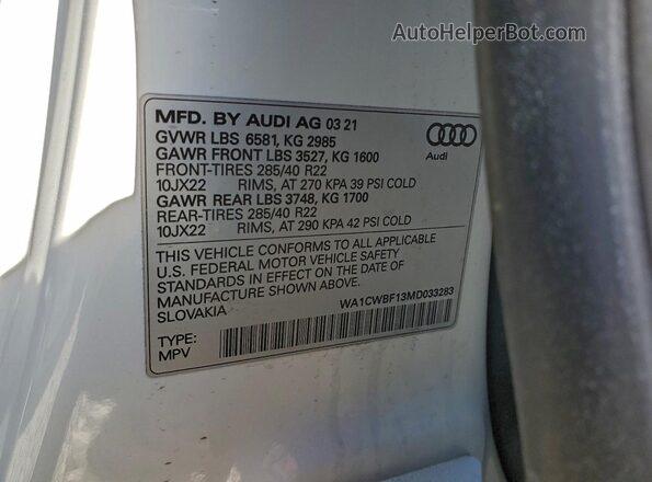 WA1CWBF13MD033283 2021 AUDI SQ8 White VIN კოდის სტიკერის ხედი