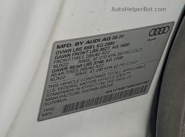 WA1CWBF16MD002397 2021 AUDI SQ8 White VIN კოდის სტიკერის ხედი