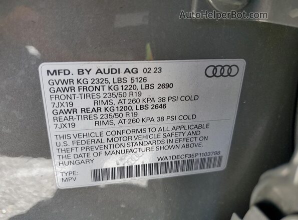 WA1DECF35P1103788 2023 AUDI Q3 Gray VIN კოდის სტიკერის ხედი