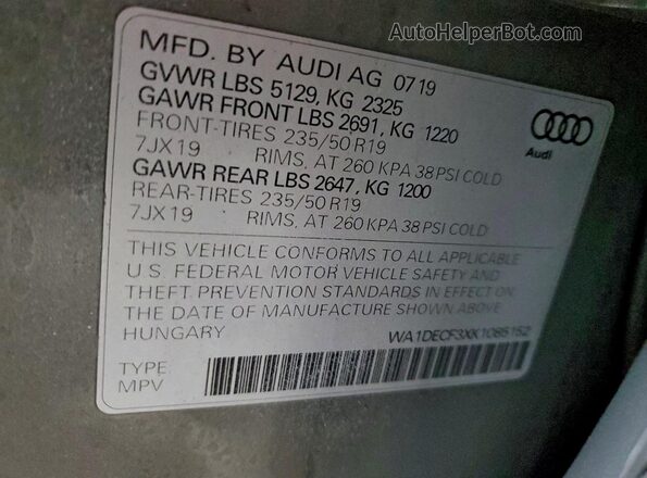 WA1DECF3XK1085152 2019 AUDI Q3 Gray სალონის 360-გრადუსიანი ხედი