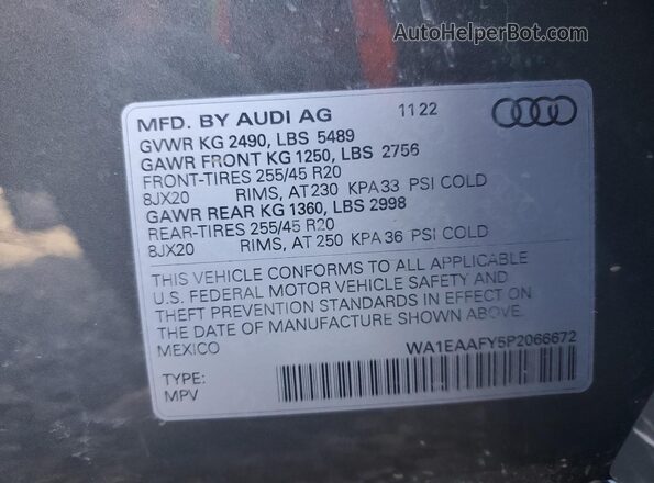 WA1EAAFY5P2066672 2023 AUDI Q5 Зеленый Вид наклейки с VIN-кодом