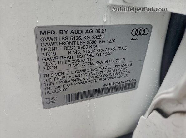 WA1EECF33N1032074 2022 AUDI Q3 White Панорамний вид салону 360°
