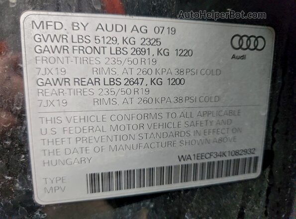 WA1EECF34K1082932 2019 AUDI Q3 Black Widok naklejki z numerem VIN