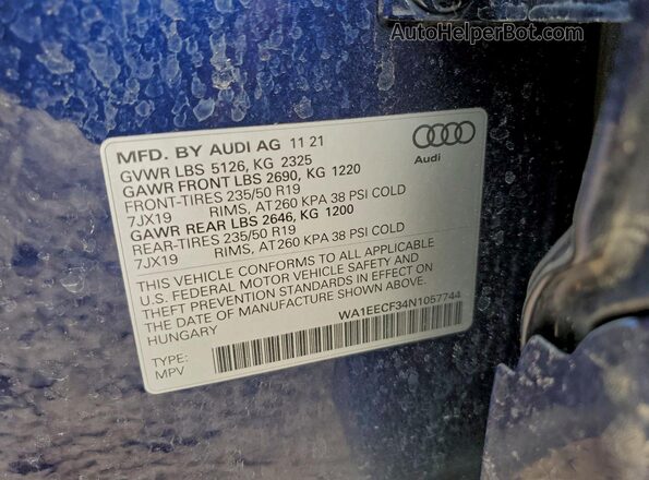 WA1EECF34N1057744 2022 AUDI Q3 Blue Панорамний вид салону 360°