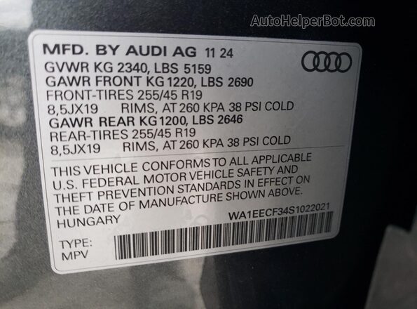 WA1EECF34S1022021 2025 AUDI Q3 Charcoal Вид наклейки з VIN-кодом