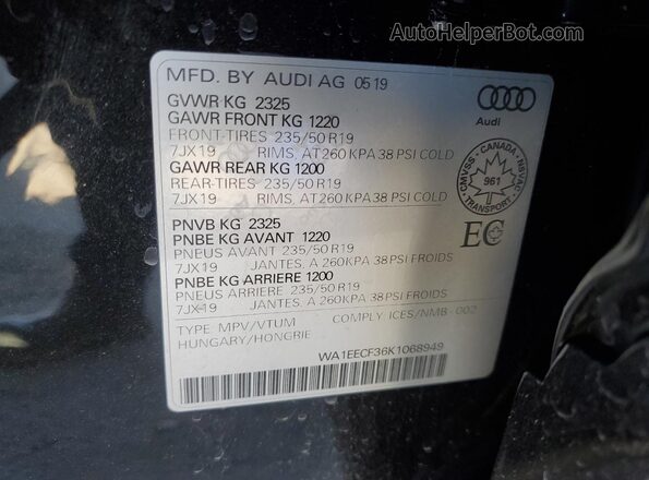 WA1EECF36K1068949 2019 AUDI Q3 Black Vista de la etiqueta del VIN