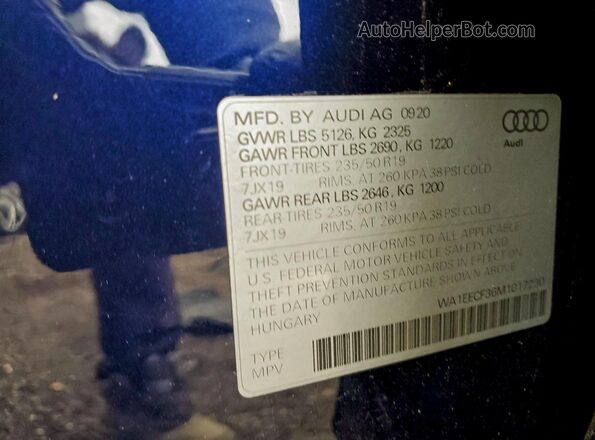WA1EECF36M1017230 2021 AUDI Q3 Blue VIN կոդի պիտակի տեսք