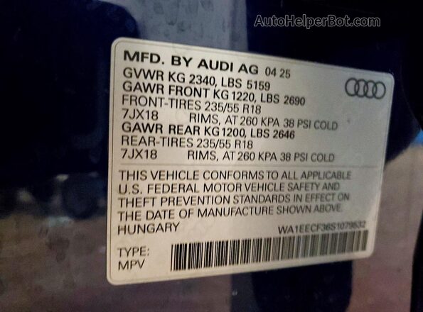 WA1EECF36S1079532 2025 AUDI Q3 Blue VIN sticker view