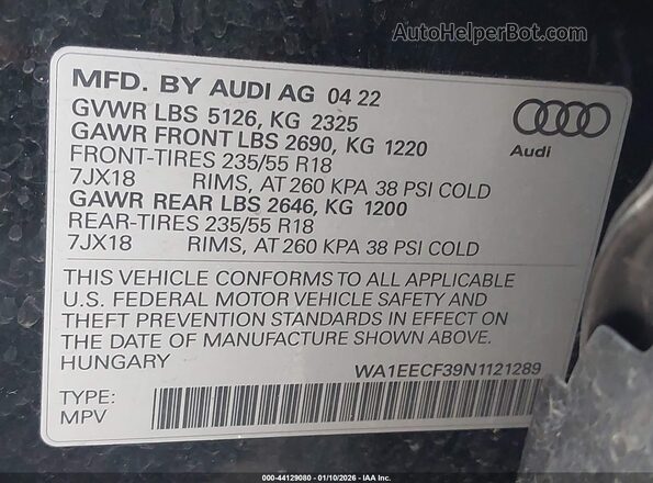 WA1EECF39N1121289 2022 AUDI Q3 Black Շարժիչի բաժամունքի տեսք