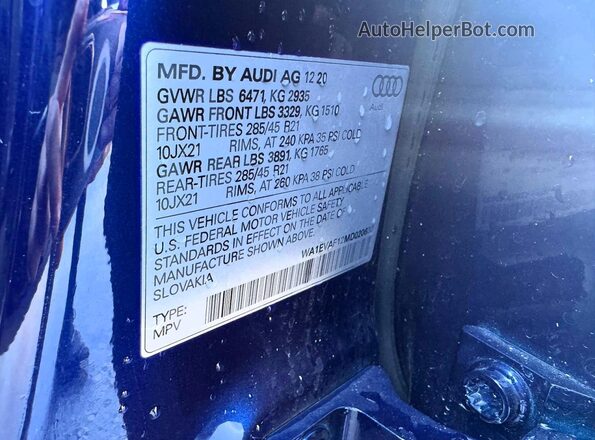 WA1EVAF12MD020630 2021 AUDI Q8 Blue Rear interior view