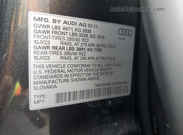 WA1EVAF19MD034637 2021 AUDI Q8 Charcoal VIN კოდის სტიკერის ხედი