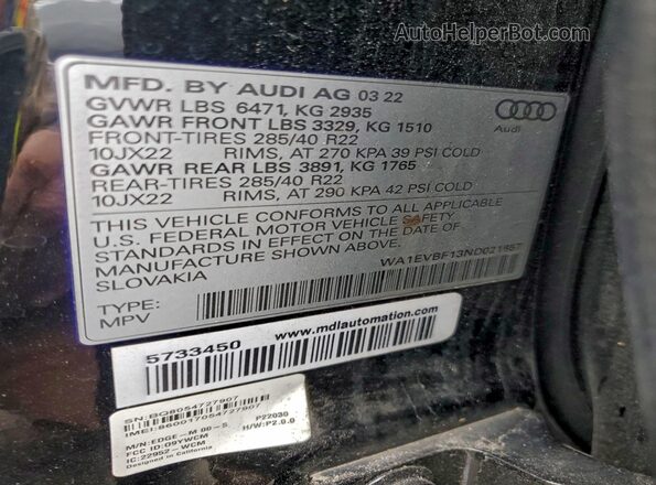 WA1EVBF13ND021857 2022 AUDI Q8 Black Вид наклейки з VIN-кодом