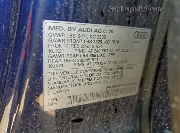 WA1EVBF1XLD015552 2020 AUDI Q8 Blue Widok naklejki z numerem VIN