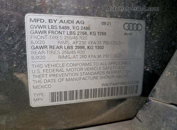 WA1FAAFY8N2024756 2022 AUDI Q5 Серый Вид подкапотного пространства