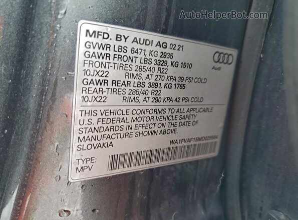 WA1FVAF15MD028564 2021 AUDI Q8 Gray Vista de la etiqueta del VIN