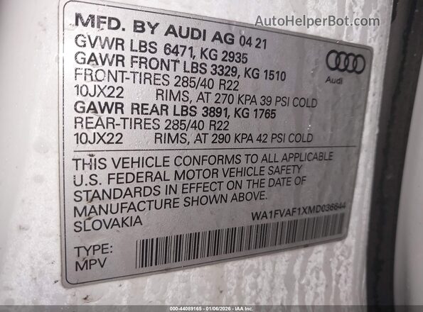 WA1FVAF1XMD036644 2021 AUDI Q8 White Engine compartment view
