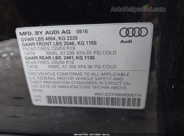 WA1JCCFS9HR006774 2017 AUDI Q3 Черный 