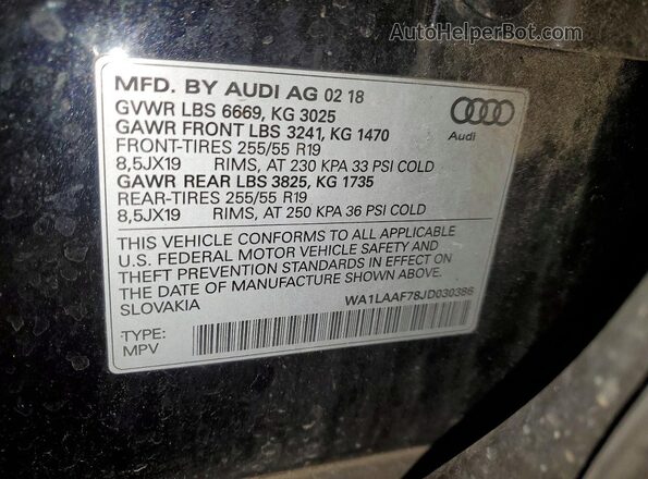 WA1LAAF78JD030386 2018 AUDI Q7 Black VIN კოდის სტიკერის ხედი