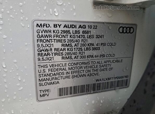 WA1LXBF71PD005763 2023 AUDI Q7 White Вид наклейки з VIN-кодом