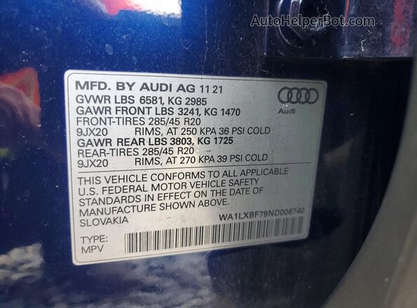 WA1LXBF79ND006740 2022 AUDI Q7 Blue VIN sticker view
