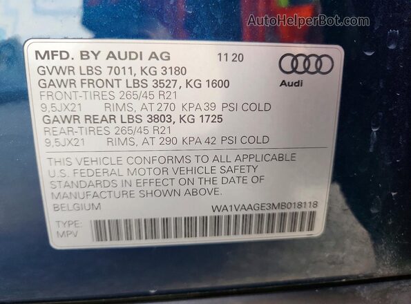 WA1VAAGE3MB018118 2021 AUDI E-TRON Blue Vista interior de 360 grados