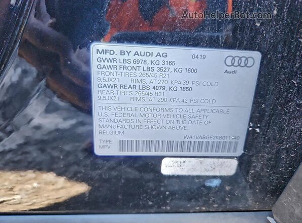 WA1VABGE2KB011440 2019 AUDI E-TRON Black Вид наклейки з VIN-кодом
