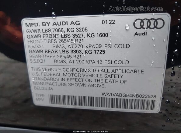 WA1VABGE4NB023528 2022 AUDI E-TRON Black Շարժիչի բաժամունքի տեսք