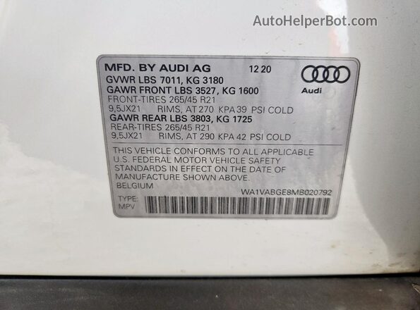 WA1VABGE8MB020792 2021 AUDI E-TRON Белый Вид наклейки с VIN-кодом