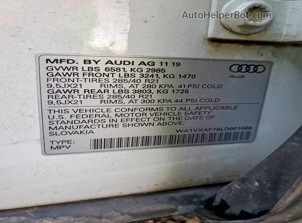WA1VXAF76LD001088 2020 AUDI Q7 Белый Вид наклейки с VIN-кодом