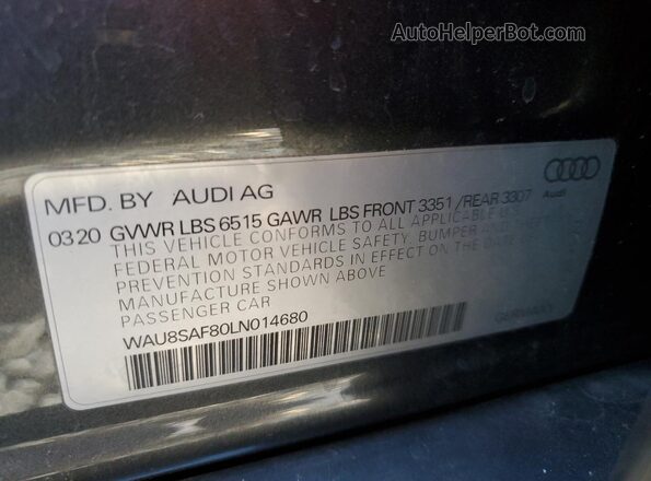 WAU8SAF80LN014680 2020 AUDI S8 Gray ძრავის განყოფილების ხედი