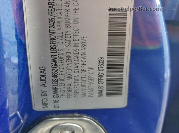 WAUB1GFF4G1076039 2016 AUDI S3 Blue Вид наклейки з VIN-кодом