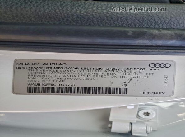 WAUB1GFF5G1096770 2016 AUDI S3 White Вид наклейки з VIN-кодом