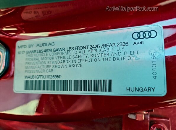 WAUB1GFFXJ1026950 2018 AUDI S3 Red Vista del compartimento del motor