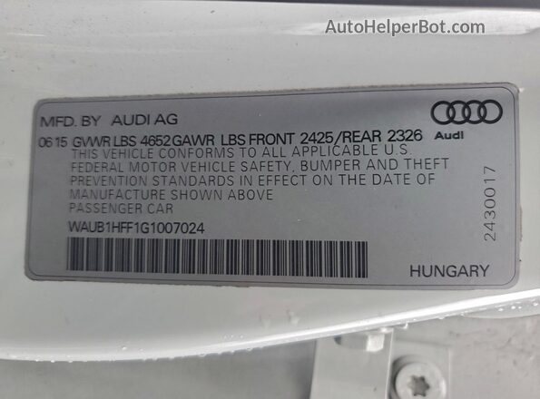 WAUB1HFF1G1007024 2016 AUDI S3 White Вид підкапотного простору